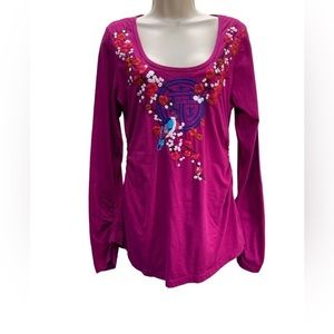 Johnny WAS LA Purple Floral Bird Embroidered Long Sleeve Top